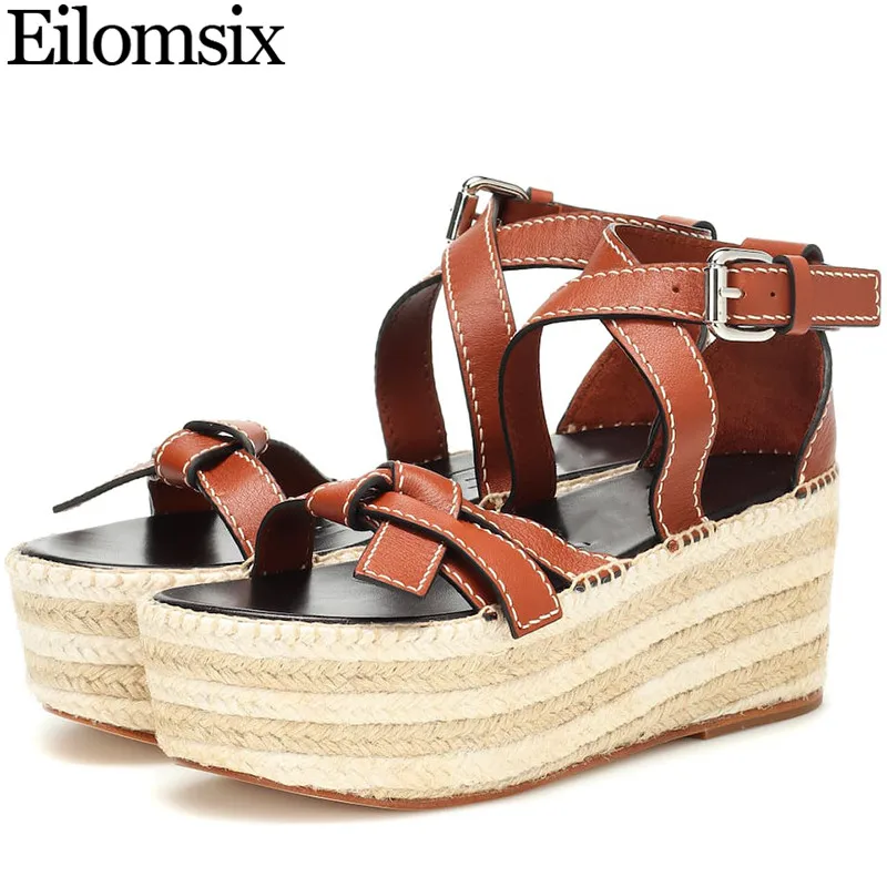 

Eilomsix wedges hemp grass weaving sandals women open toe genuine leather butterfly-knot sandals woman gladiator sandals women