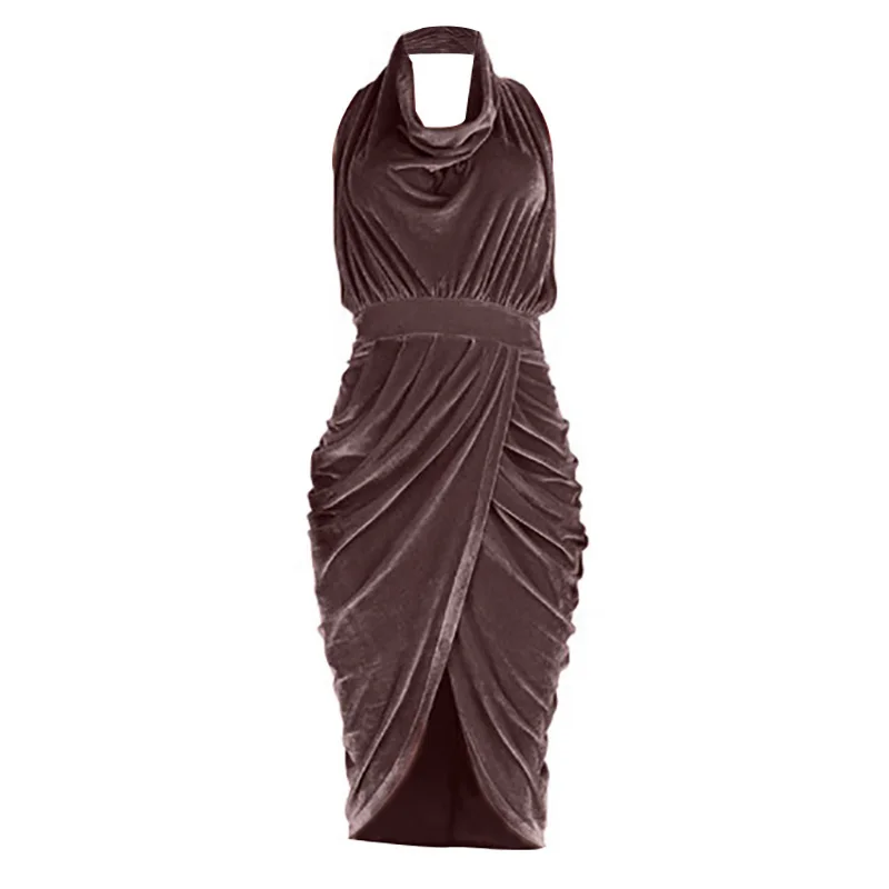 ShejoinSheenjoy Halter Sleeveless Autumn Dress Wrapped Split Backless Fold Sexy Women Dress Velvet Midi Party Dresses Clothing (7)