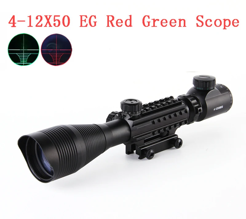 

4-12X50 Tactical Optical Rifle Scope Red Green Dual illuminated with Side Rails & Mount Fit For 20mm Rail Hunting Airsoft