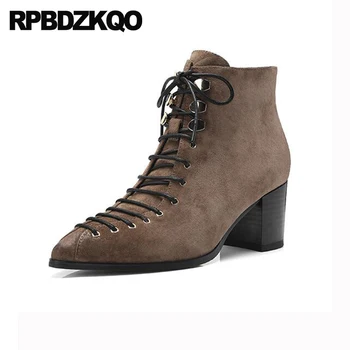

chunky lace up pointed toe winter custom suede short handmade genuine leather fur women ankle boots medium heel shoes booties