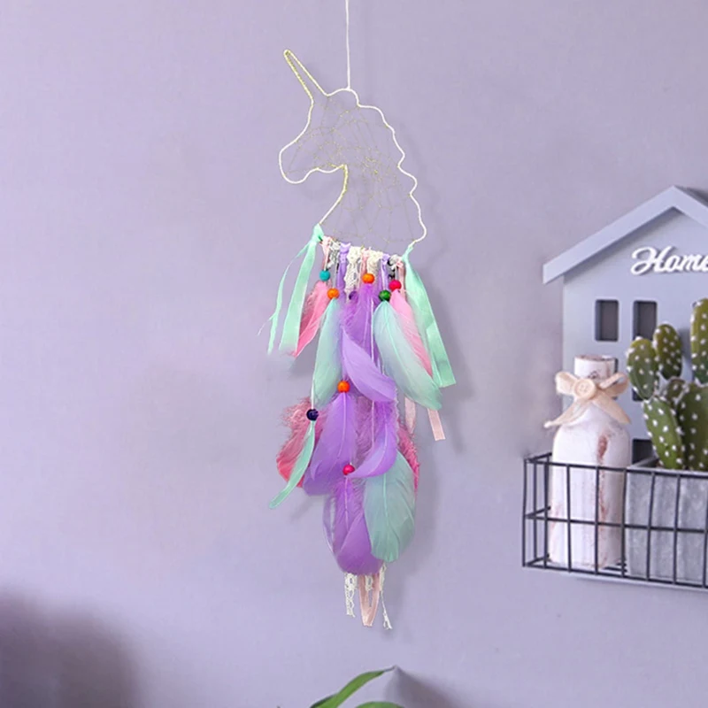 Unicorn Walling Hanging Decor Feather Dream Catcher Handmade Wind Chimes Home Decorations Craft Dreamcatcher Ornament Pendant