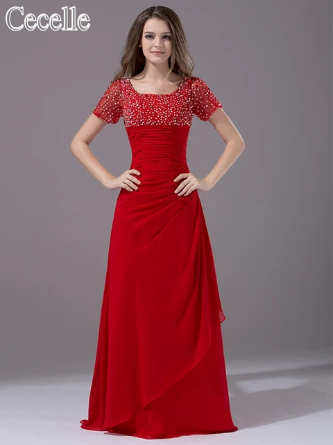 2017 Sparkle Red Modest Bridesmaid Dresses Short Sleeves Beaded 2017 Sparkle Red Modest Bridesmaid Dresses Short Sleeves Beaded Chiffon Long Floor Length A Line