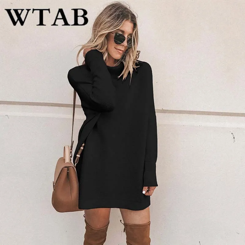 WTAB новое зимнее платье с высоким воротом 2018 повседневное с длинным рукавом вязаное женское платье однотонное мини-платье А-силуэта женские