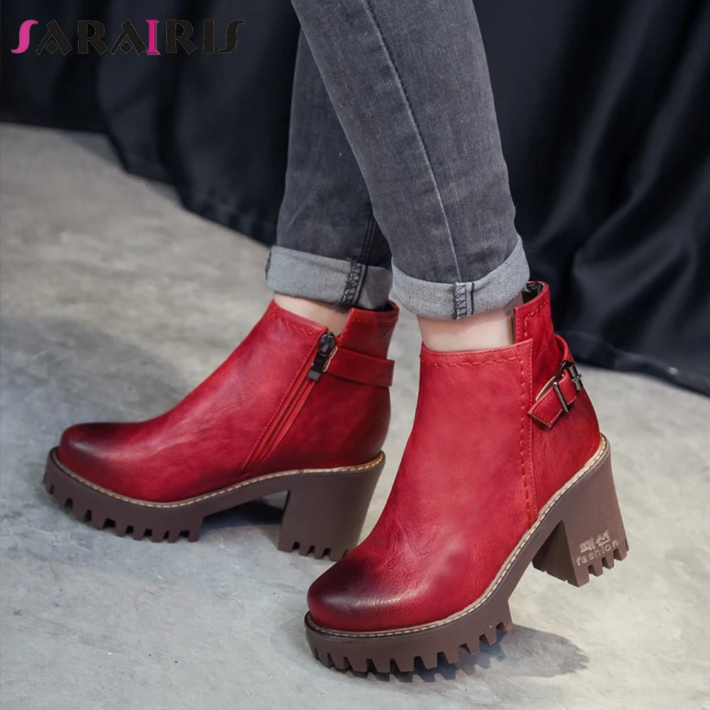 

SARAIRIS New Retro Old Style Motorcycle Boots Woman Platform High Heels Zipper Ankle Boots Woman Shoes Woman Large Size 32-43