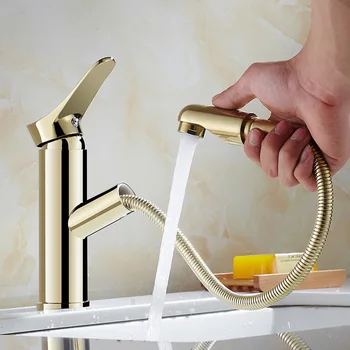 

Gold Basin Faucets Hot & Cold Water Bathroom Sink Tap Pull Out Swivel Single Handle Sink Faucet Brass Wash Basin Mixer Tap