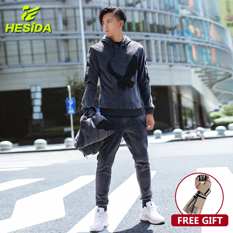 

3 Pieces Set Hoodie Sweatshirt Men Tracksuit Velour Velvet Fleece Warm Hoodies Winter Coat Hooded Casual Pullover Men Sport Suit