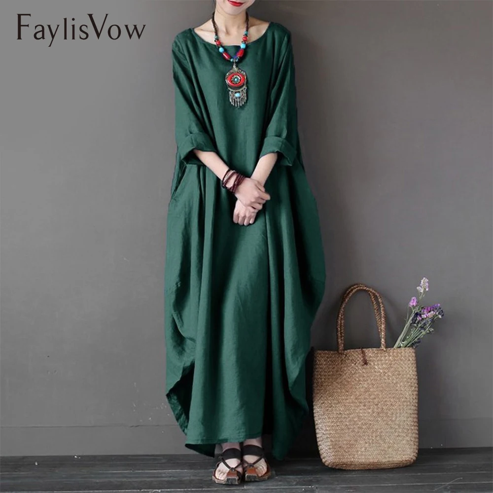 

Faylisvow Womens O Neck Long Sleeve Kaftan Maxi Dress Summer Autumn Cotton Linen Gown Robe Dresses Plus Size Large Size Dresses