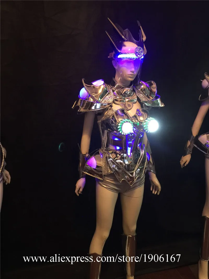 Silver bar ballroom dance led costumes helmet lighted sexy dresses singer wears stage models car robot clothes music dj05