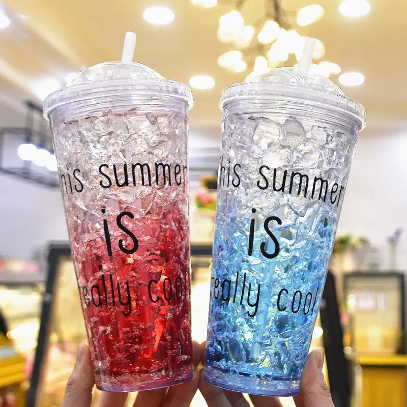 

VA STUDIO Summer Crushed Ice Plastic water bottles Gradient Ice drinking water with straw for Milk fruit Iced Coffee Juice