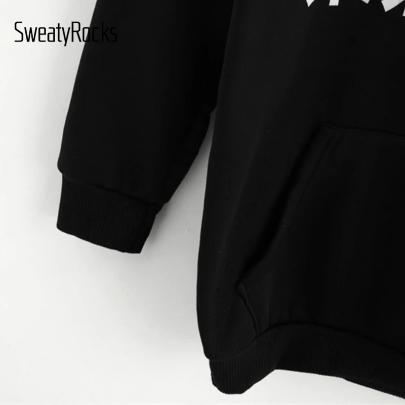 Толстовка с капюшоном и надписью SweatyRocks, цвета: черный, длинный рукав, спортивные пуловеры, Толстовка для женщин, Осенний Повседневный Спортивный костюм