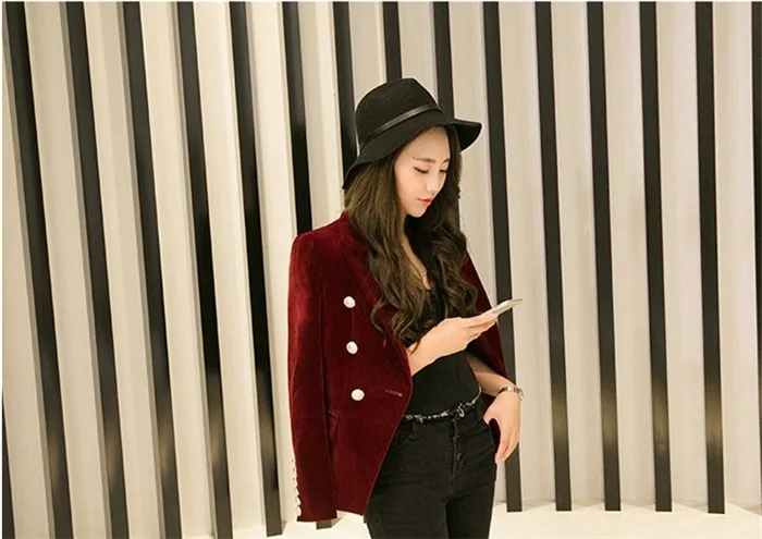 2016 New Spring Fashion Women Midnight Navy Slim Velvet Blazer Jacket Double Breasted simple Lady Blazers (9)