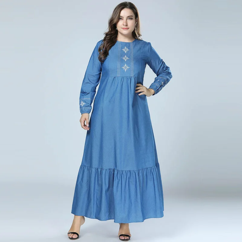 Plus Size Women Jean Dress Embroidery Patch Pleated Big Hem Denim Loose Muslim Casual Maxi Long