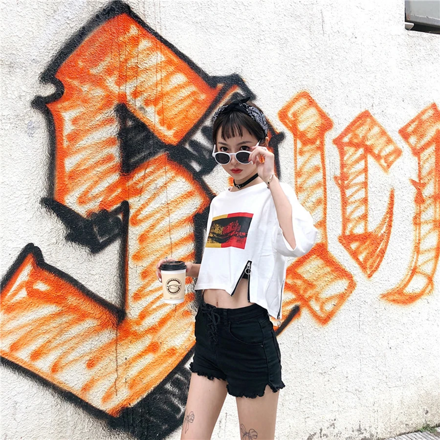 AULEAD Harajuku Повседневная футболка женский летний топ укороченная уличная одежда