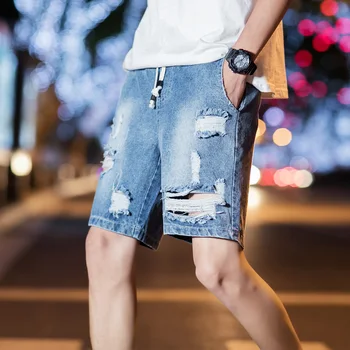 

Men's Cotton High Quality Elastic Waist Denim Shorts Summer Hole Large Size Denim Shorts Men's Loose Fashion Casual Shorts