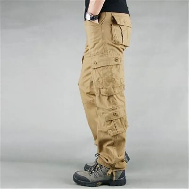 Baratos Moda militar estilo de los hombres Cargo Pantalones Casual Multi bolsillos táctico militar pantalones primavera algodón ejército pantalones hombres 8 bolsillos