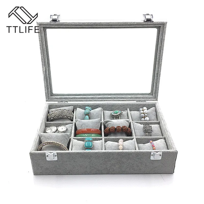

TTLIFE 12 Grids Suede Watch Jewelry Box Casket Bracelets Earrings Display Storage Box Grey Velvet Tray Necklace Ring Organizer