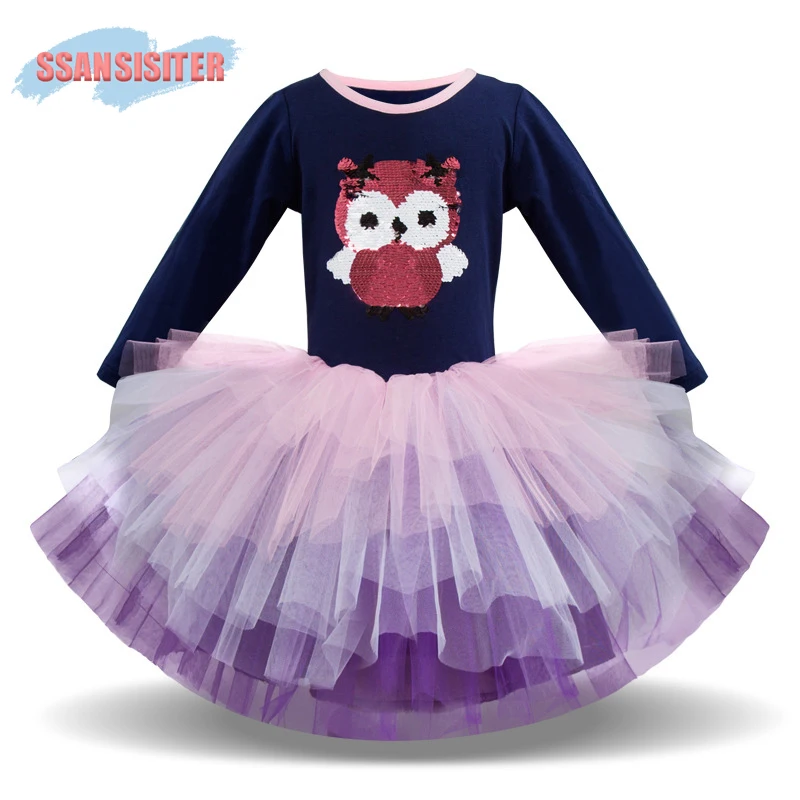 

Sequined Cute Owl Girls Princess Ball Gown Dress Layer Gradient Mesh Children Casual Party Prom Dresses Kids Girls Dresses