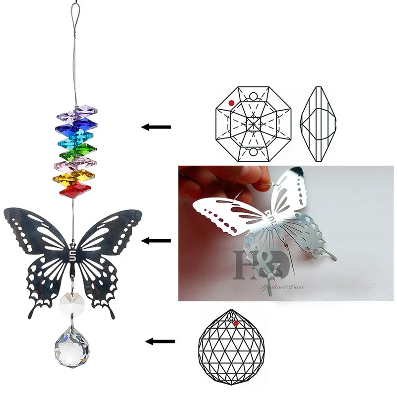 H& D 20 мм/38 мм чакра ручной работы бабочка хрустальный шар Призма Радуга производитель с восьмиугольным бисером дома Висячие Suncatcher орнамент