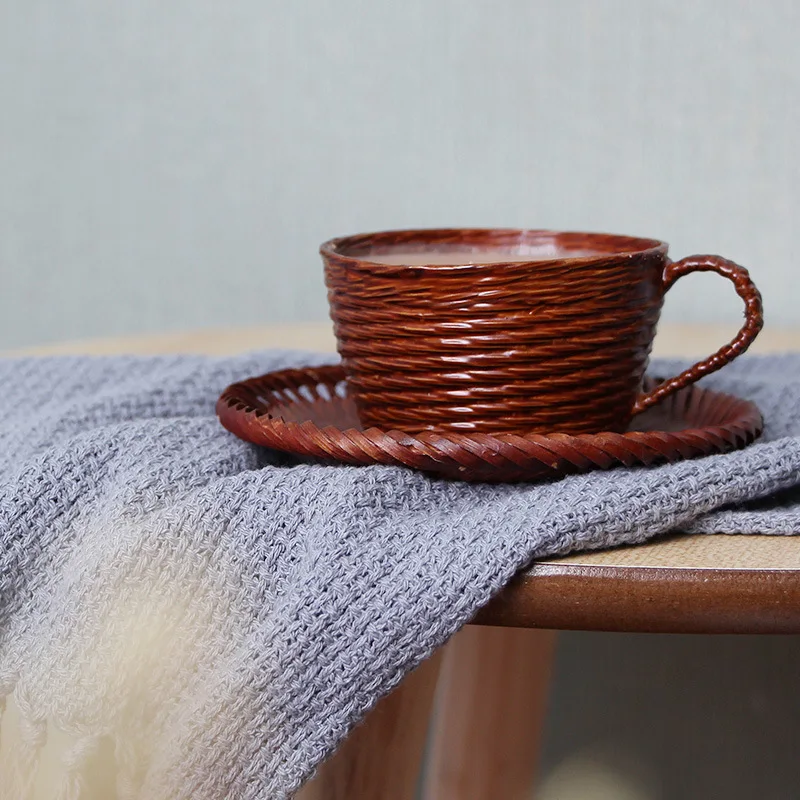 Бамбуковая тканая чашка блюдце ложка для перемешивания набор ручной работы непроницаемые кружки Посуда для кофе и чая вода молоко экологичный домашний подарок