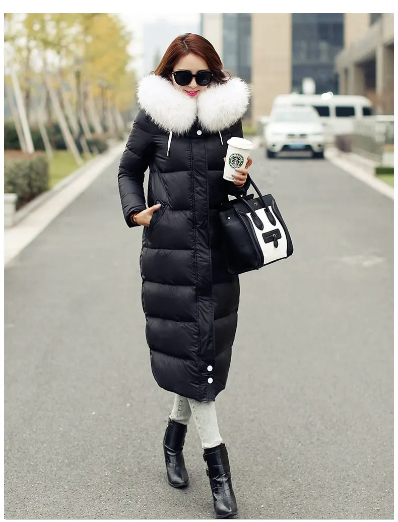 Зимняя куртка на утином пуху, женское длинное пальто, парки, утепленная женская теплая одежда с меховым воротником, высокое качество - Цвет: Черный