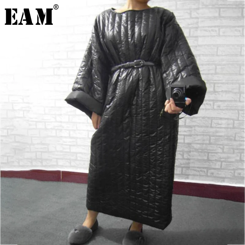 [EAM] 2020 New Spring Round Neck Long Sleeve Cotton-padded Loose Long Big Size Long Warm Black Dress Women Fashion Tide JG584