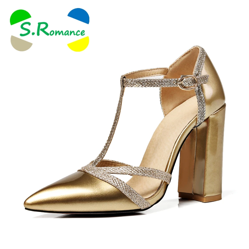 

S.Romance Plus Size 34-43 Women Sandals High Heel Fashion Office Buckle Strap Lady Pumps Women Shoes Black White Red Gold SS984