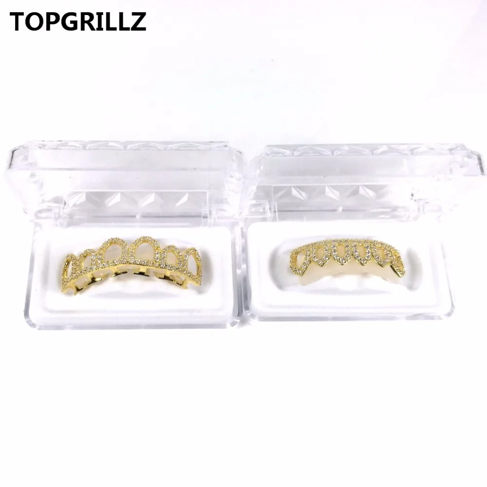 TOPGRILLZ чистое золото цвет покрытием хип хоп микро Pave CZ Клык полый верх и дно GRILLZ вампирские зубы грили набор