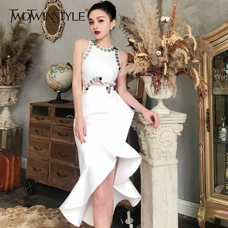 white TWOTWINSTYLE, сексуальные вечерние платья с пайетками в стиле пэчворк для женщин, без рукавов, с круглым вырезом, с вырезами, женские платья русалки, мода - Цвет: white