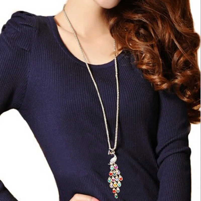 Fashion Trendy Peacock Long Colorful Crystal Necklaces & Pendants For