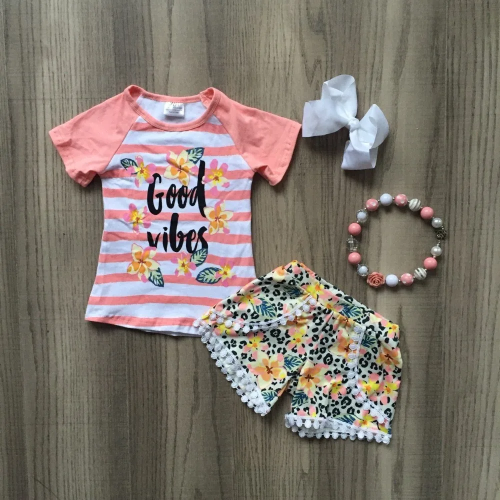 

new Summer baby girls children clothes pom-pom shorts coral stripe good vibes flower outfits ruffles boutique match accessories