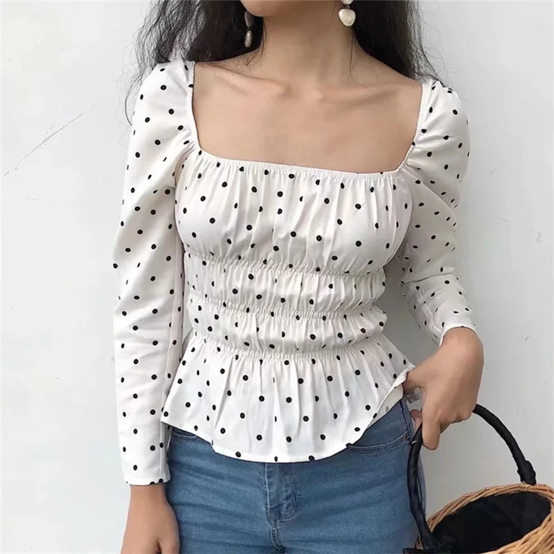 

2019 Women famous brand Vintage Polka Dots Chiffon Shirts Waist Blouse beach Women long sleeve blouse formal Tops Shirts