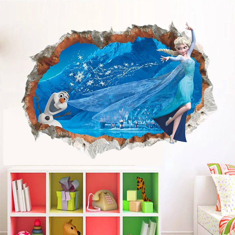 Cartoon Olaf & Elsa Princess Broken Hole 3D Wall Stickers For Home Decoration Frozen Anime Movie Mural Art Kids Room Wall Decals