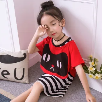 

New Pattern Girl Dress Kitty Stripe Twinset Korean Leisure Time Children Suit Summer Kids Sets