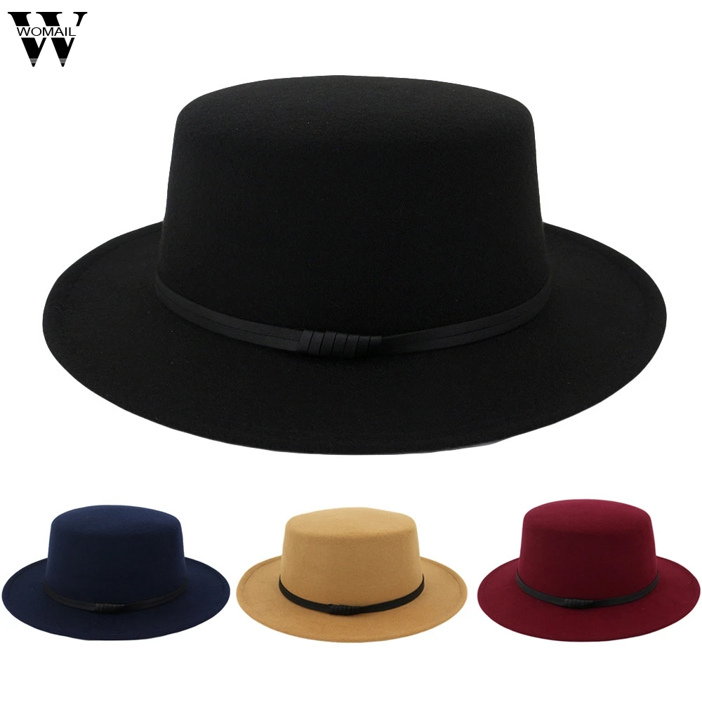 Womail hat summer fedoras Unisex Wide Brim Wool Belt Felt Flat Top ...