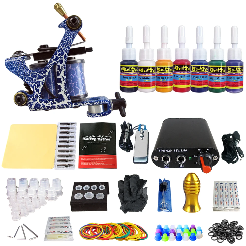 

Hybrid Complete Tattoo Coil Machine Kit For Liner Shader Power Supply Foot Pedal Needles Grip Tips Tattoo Body&Art TK105-72