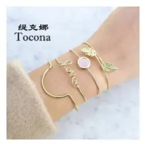 Tocona, Новое поступление, романтические браслеты с розовым опалом, золотой цвет, многослойный браслет с листьями и буквами, дизайнерский браслет для женщин 5808 - Окраска металла: gold
