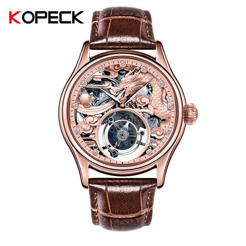 Rose Gold Индивидуальные механические часы, мужские механические часы с ручным заводом, оригинальные Tourbillon, полые, для мужчин, t, DIY, первый слой кожи - Цвет: Rose Gold