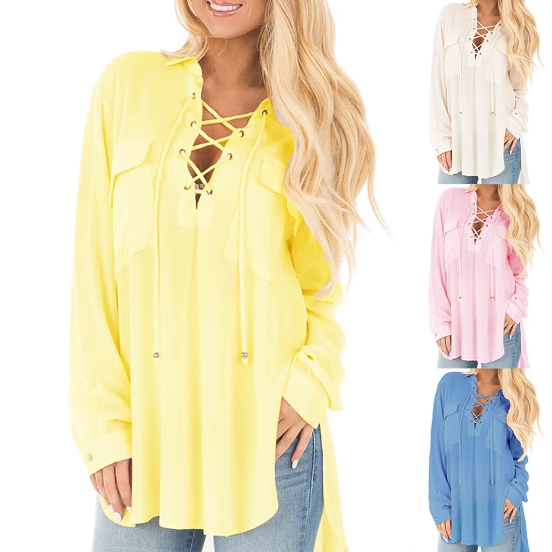 Women's Long Sleeve Lace Up Shirt Ladies Loose Casual Party Blouse Tops T-shirt