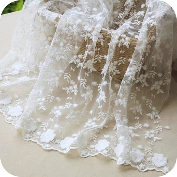 

5 yards delicate off white cotton embroidered lace fabrics, net embroidery small daisy floral bridal lace fabric