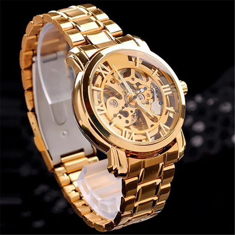 رجل الساعات ريترو الأرقام الرومانية الجوف الهيكل العظمي الميكانيكية الذهبي لهجة اليد relogio masculino