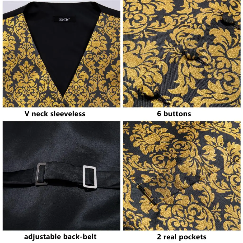 Mens Formal Vest Set Silk Classic Wedding Necktie Waistcoat Vest Pocket Square Suit Set Gold Vests for Men Hi-Tie MJTZ-0008