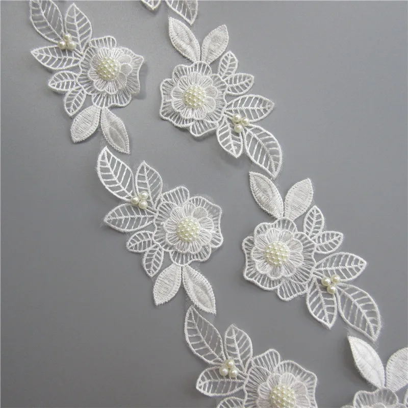 

2 yards White Pearl Flower Leaf Handmade Beaded Embroidered Lace Edge Trim Ribbon Applique Wedding Dress Sewing Craft DIY
