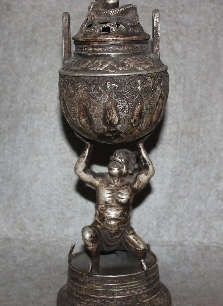 

free shipping 12" Chinese Old Silver Arhat Rohan Buddha Dragon Incense Burner Censer Statue