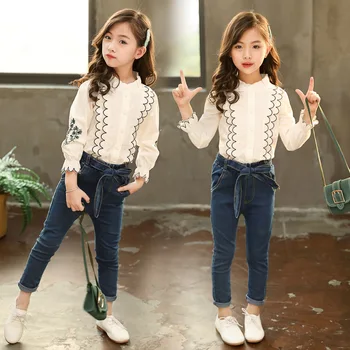 

Children's Clothing Suit Autumn New 2019 Kids Girls Korean Style Long-sleeved Print Lace Shirt + Denim Pants 2PCS Sets