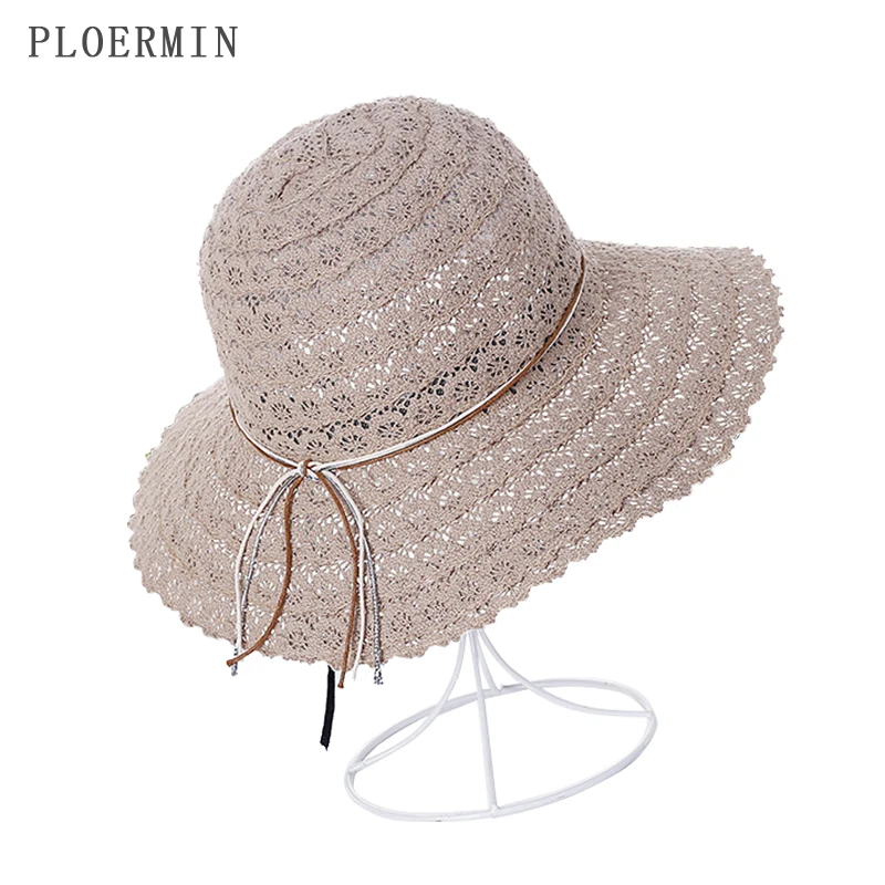 2019 جديد Bowknot سترو قبعة الصيف المرأة طوي واسعة حافة أنيقة قبعة الشمس السيدات الدانتيل جوفاء القش الشاطئ قبعات