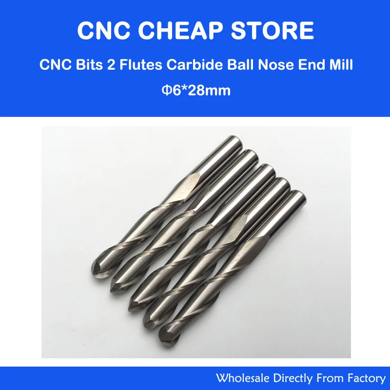 

5pcs High Quality 6mm Shank 2 Flute Ball nose End Mill Cutter CNC Router Bit 6X28mm