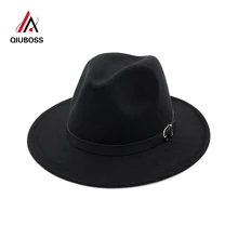 QIUBOSS Мужская и Женская шерстяная Фетровая Шляпа Fedora с пряжкой, украшенная широкими полями, Панама, джазовая Кепка, Женская Праздничная шляпа Trilby