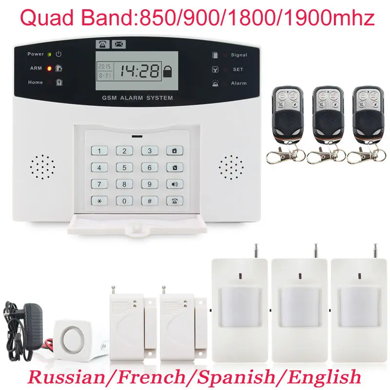 

3pcs PIR detector Home GSM Alarm systems LCD Display Wired Siren Kit Spanish Voice Prompt Wireless door sensor Security