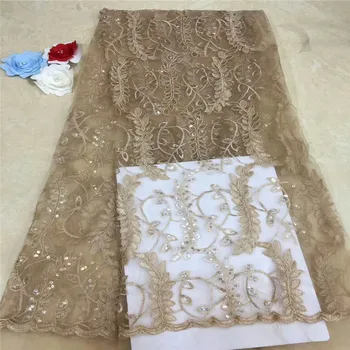 

2019 New High quality Champagne/gold Embroidery African tulle lace French net lace fabric with Sequins for party dress xc65-1527