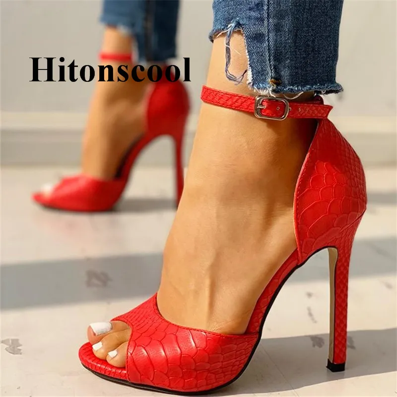 

Fashion Peep Toe Ankle Strap Thin Heeled Sandals Snake Texture Red Black High Heels Strip Shoes Women Roman Sandalias Mujer 2019